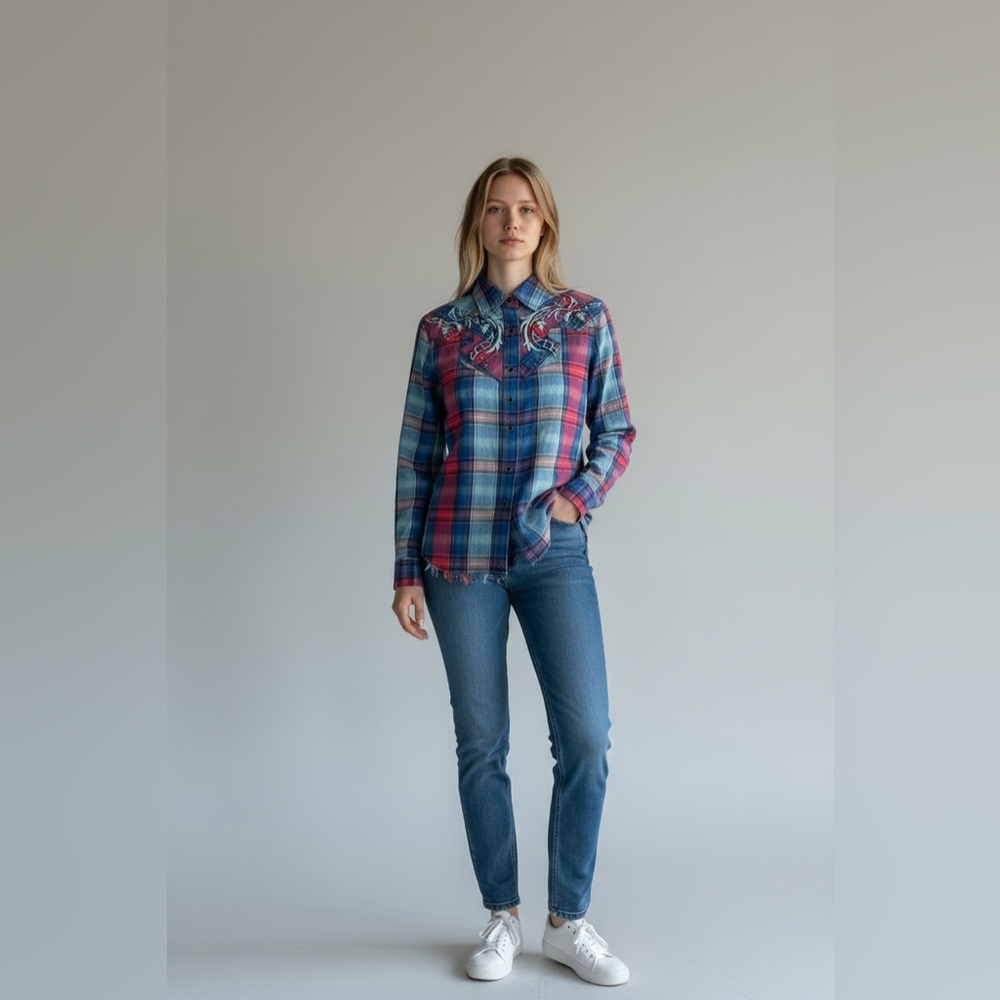 Rock 47 Wrangler Women's Blue and Pink Plaid Button Down Shirt size small - Picture 2 of 8